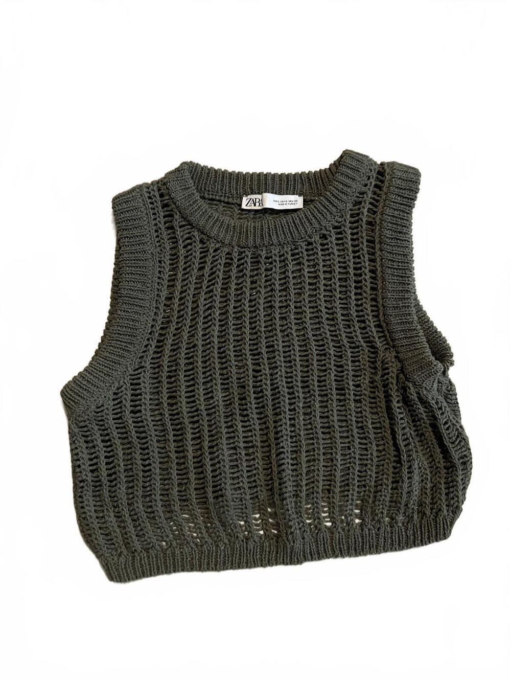 ZARA Olive Green Crochet Knit Sleeveless Crop Top Size XS